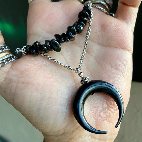 Moon choker necklace . Double layer onyx chips & black moon charm .  goth boho - Picture 2 of 13